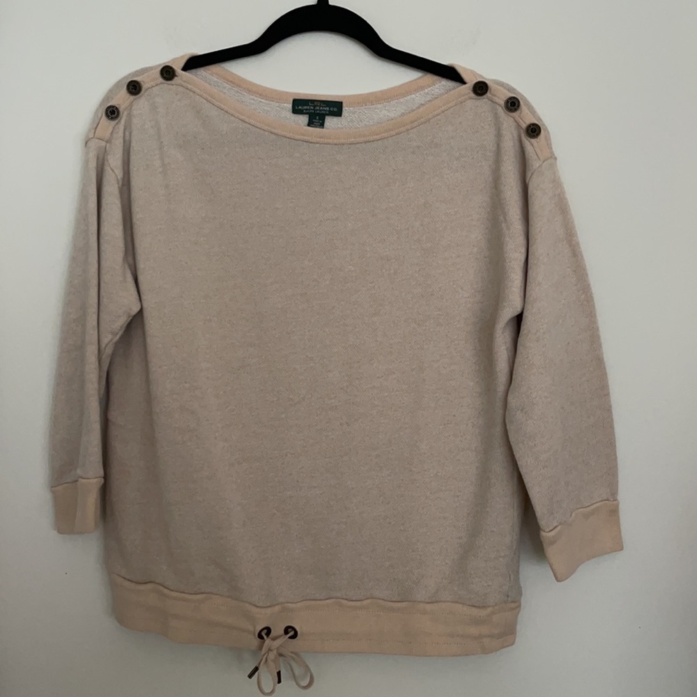 Ralph Lauren Beige French Terry Sweatshirt LRL Shoulder Buttons Drawstring Hem - Picture 2 of 13